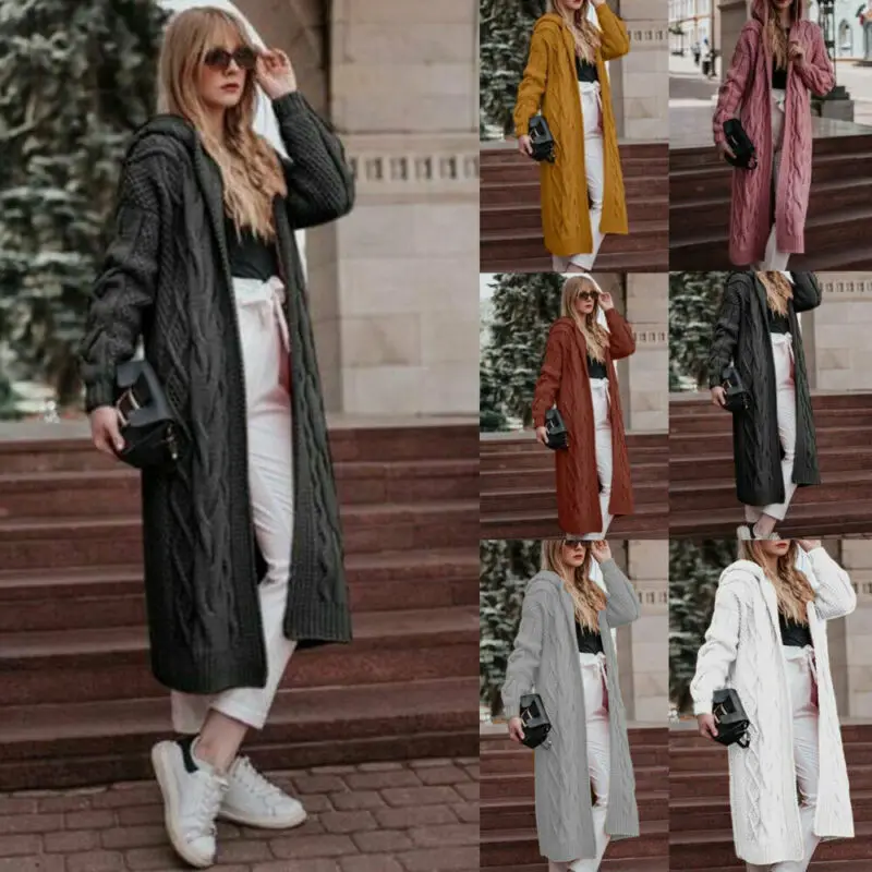 Женский Повседневный вязаный кардиган свитер с длинным рукавом и капюшоном