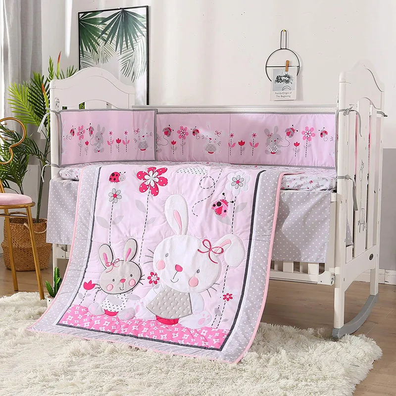 

7PCS Rabbit Embroidery newborn bed Set Cot Bumper baby bedding set Protector tour de lit bébé(4bumper+duvet+bed cover+bed skirt)