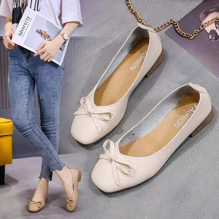 

Shoes Woman 2021 Soft Casual Female Sneakers Flats Bow-Knot Loafers With Fur Square Toe New Moccasin On Heels Grandma Dress Butt