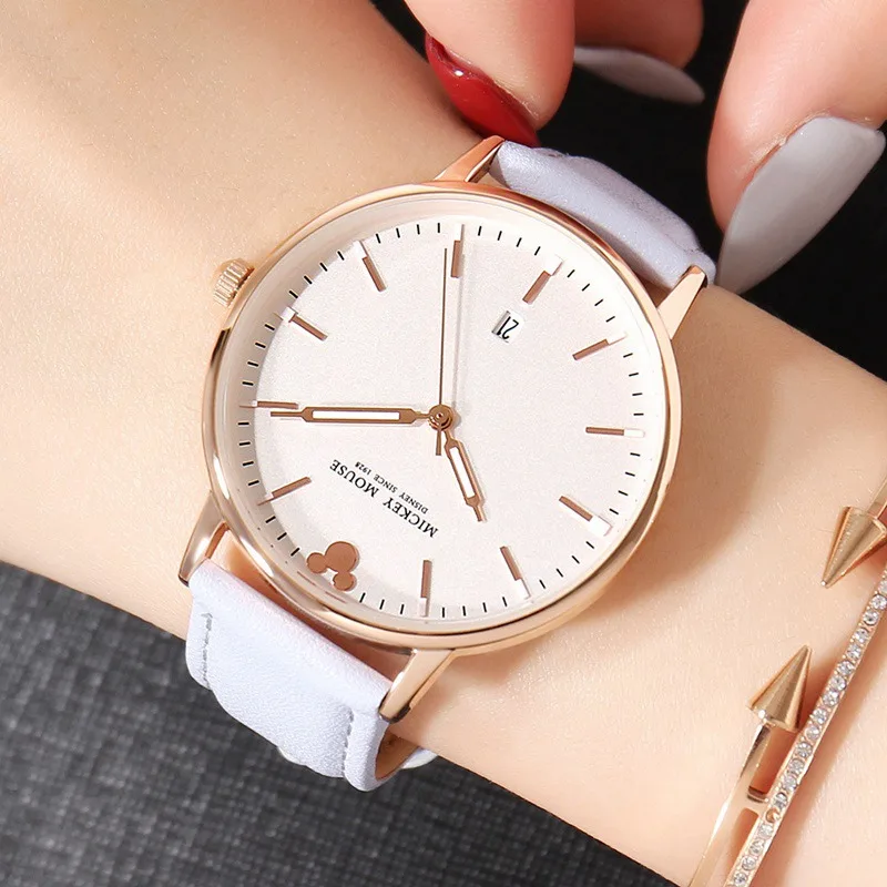 

Disney Women Calendar Luminous Hands Waterproof Leather Quartz Girls Fashion Big Watches Female Love Mickey Mouse Famous Clock