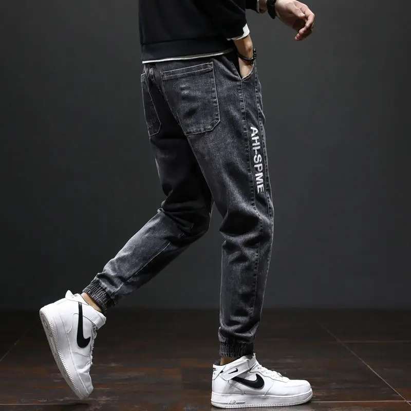 Elastic Waist Patchwork Jeans Men's Straight Denim Korean Fashion Clothing Letter Print Loose Casual Harem Pants Black Jeans Men