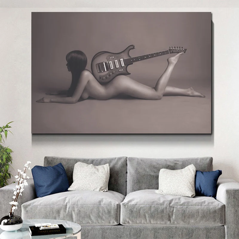 

Modern Poster Gray Nude Sexy Girl With Guitar Canvas Painting Wall Art Picture No Frame For Living Room Bedroom Home Decor