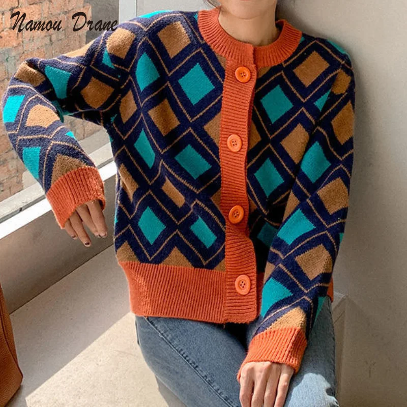 

Namou Drane Contrast Sweater Cardigan Women's Spring European Station 2021 New Casual Short Western Rhomboid Sweater cardigan