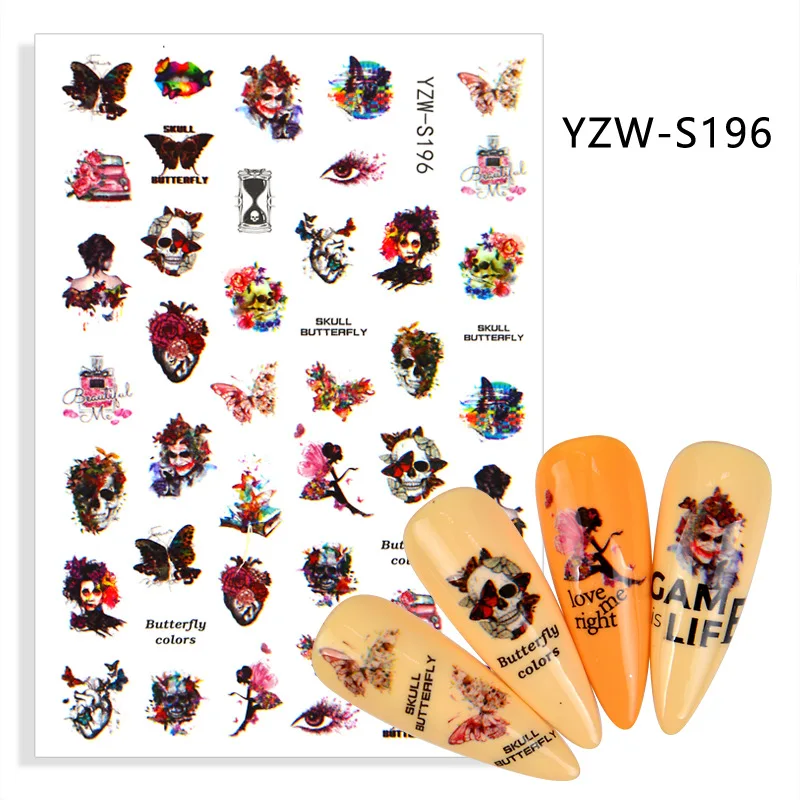 10pcs Halloween Nail Art Stickers Letter Lips Nail Art Color Flower Skull Nail Sticker Design Decoration Butterfly Cat Dog Bunny