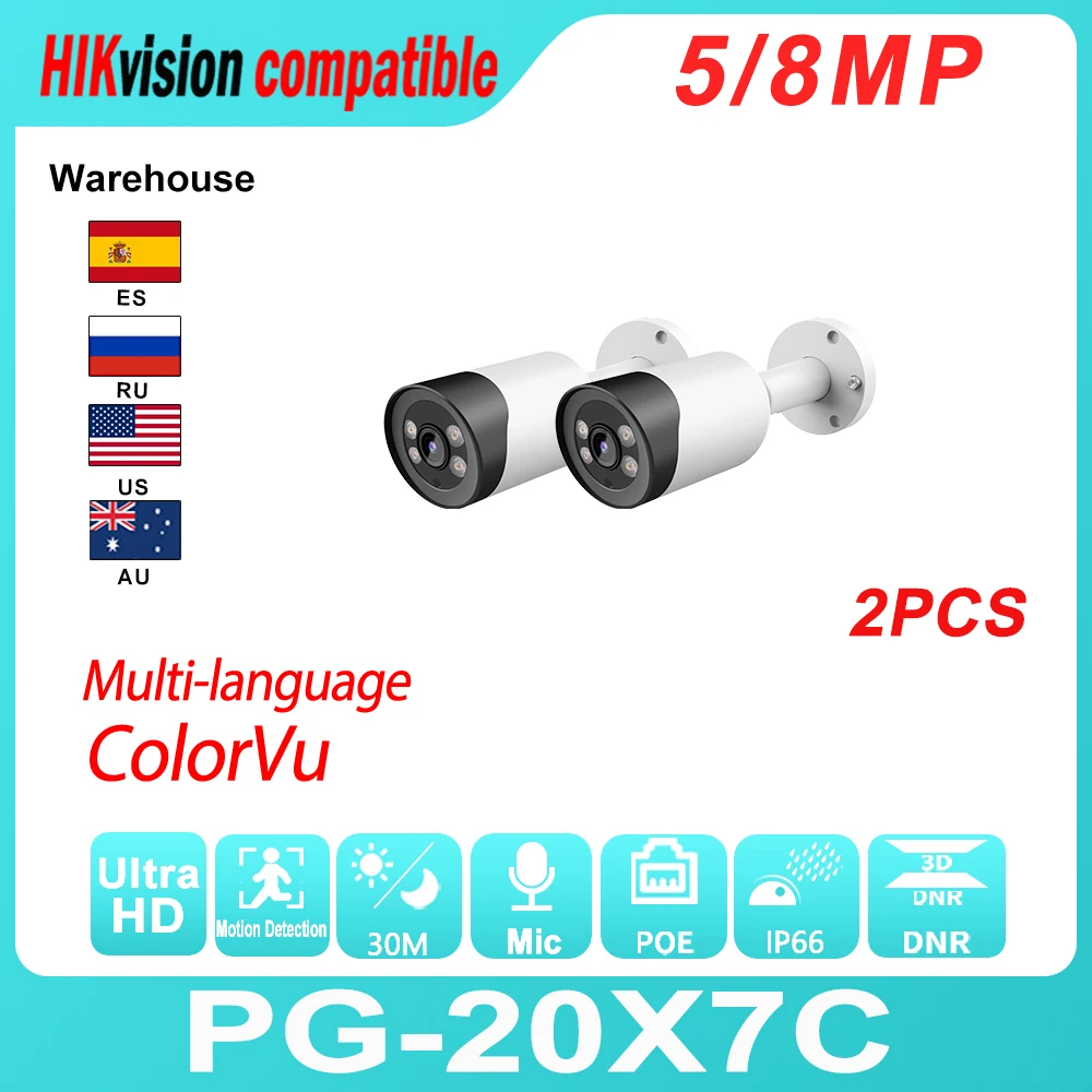 

Hikvision Compatible IP Bullet Camera 2PCS ColorVu PoE 8MP Built-In Mic H.265 IR Range 30M Motion Detection IP66Waterproof