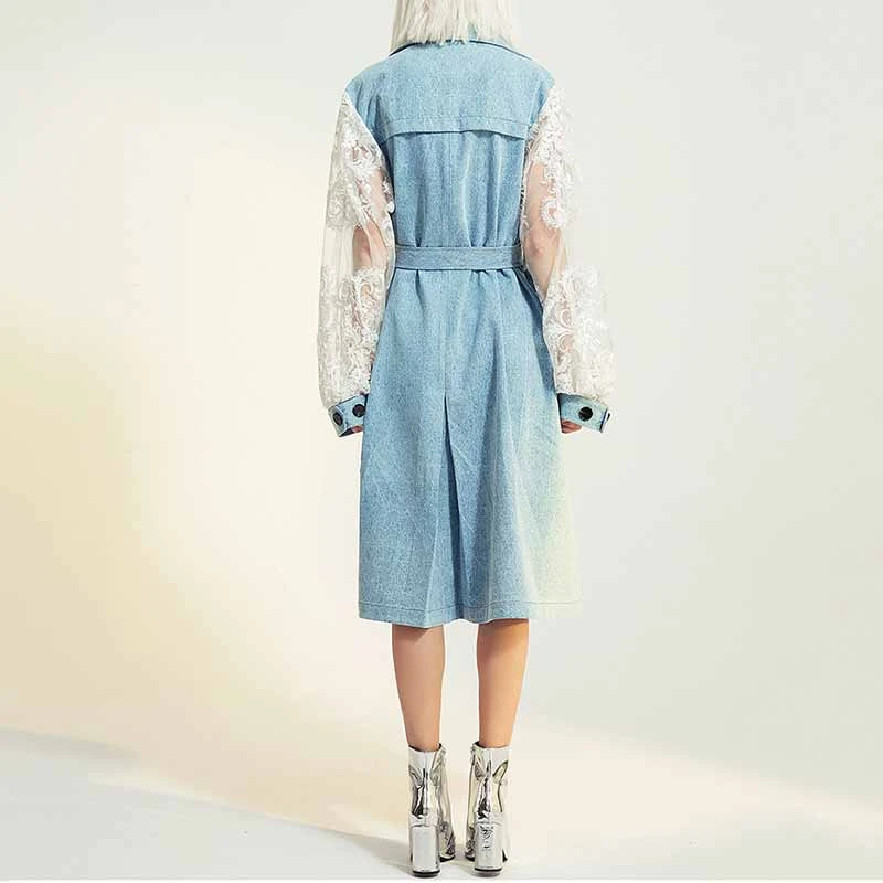 

SeeBeautiful New Fashion Spring 2021 Lace Stitching Long Sleeve Pockets Sashes Double Breasted Loose Coat Windbreaker Women N293