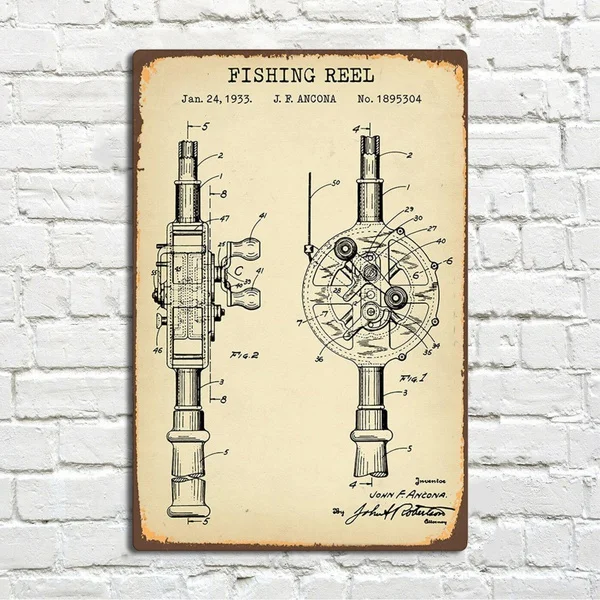 

Fly Fishing Reel Patent Funny Metal Tin Sign Pin Up Metal Sign Wall Sign Metal Decor Wall Decor(20cmx30cm)