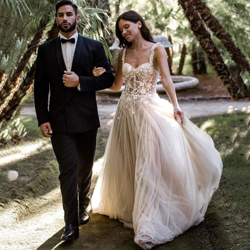 

Eightree Romantic Boho Wedding Dress 2021 Light Champagne Bride Dresses Lace Bohemian Wedding Gowns Vintage Flowers Casamento