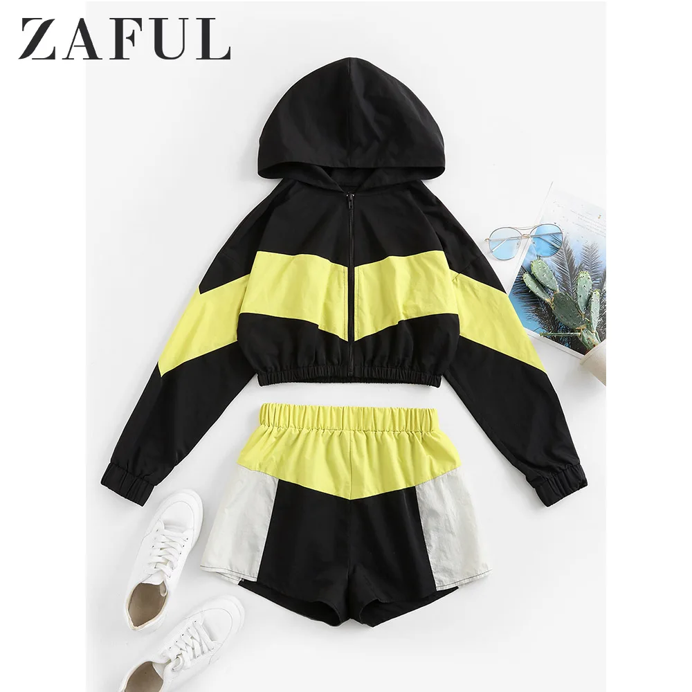 ZAFUL, цветные, с капюшоном, с заниженным плечом, шорты, комплект, спортивный костюм, на молнии, с длинным рукавом, куртка для женщин, комплект из двух предметов, уличная одежда, Твинсет