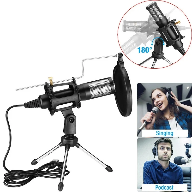 Новый профессиональный USB конденсаторный микрофон с подставкой для штатива