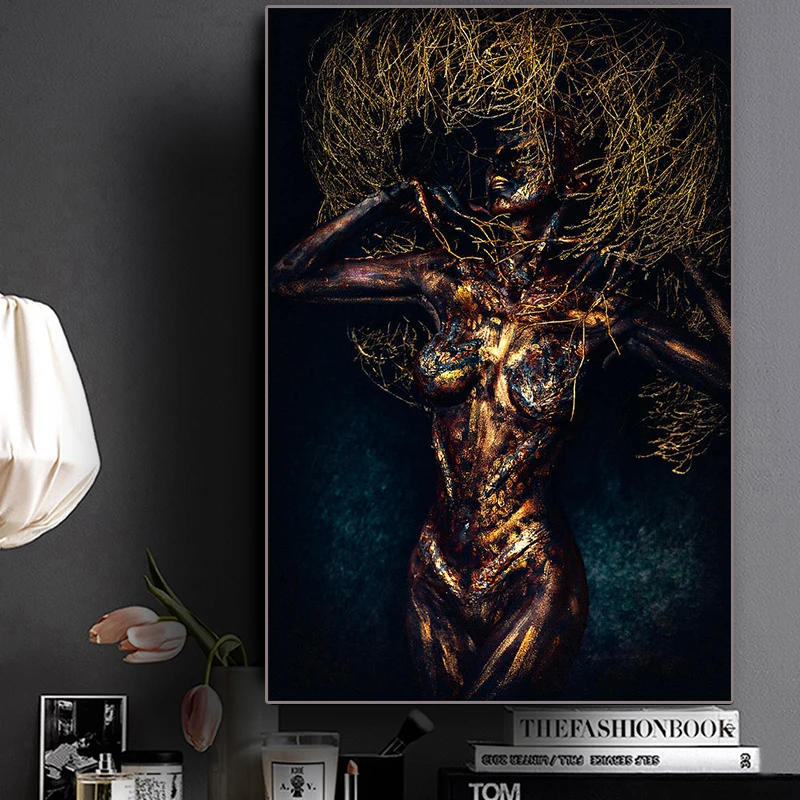 

Modern Abstract Art golden A Tree Sexy Female Nude Art Canvas Painting Wall Art Picture Living Room Wall Poster