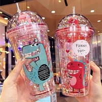 creative glass cute dinosaur doll star water bottle with straw 450ml portable student anti fall plastic drinking cup