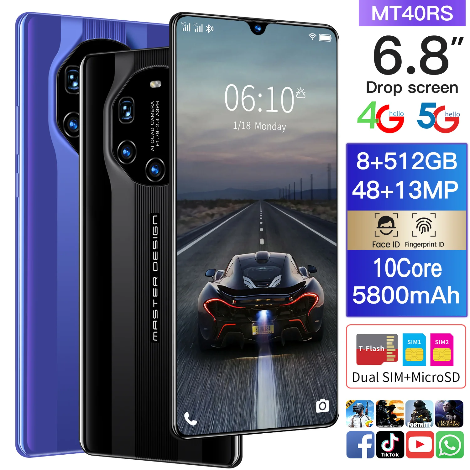 

MT40RS 6.8 inch Full screen Phone 48MP Camera 2320x1280 Display 8GB+512GB Android 10.1 Smartphone MT6799 10Core type C 4G/5G Net