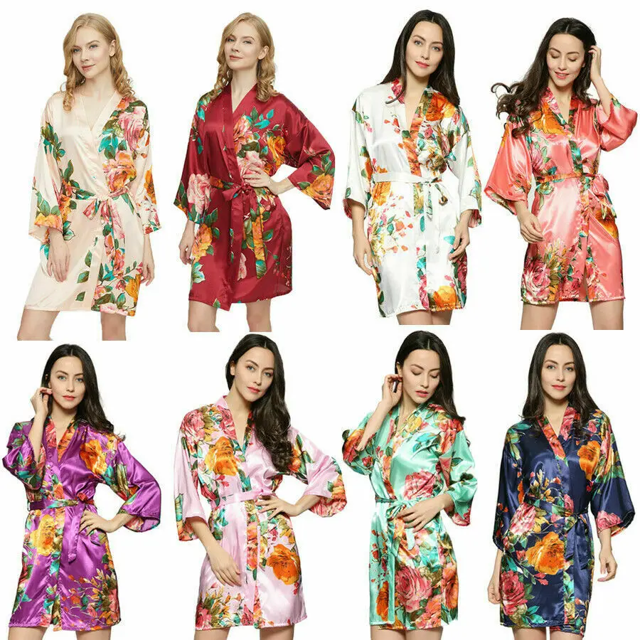 Owiter Women Floral Silk Satin Robe Bride Robe Bridesmaid Robes Wedding Bridal Party Gift Robes Nightgown Sleepwear Bathrobe