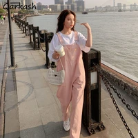jumpsuits women vintage washed ins pink retro denim college 2021 overalls preppy all match bf spring chic solid streetwear sweet