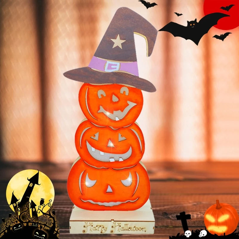 

Q0KF Хэллоуин настольные украшения Деревянный тыквенный стол знак светодиодный светильник кой Декор