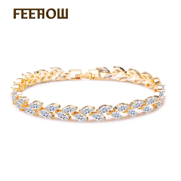 Gold Color FEEHOW, высокое качество, Marquise Cut, прозрачный CZ циркониевый браслет и браслеты для женщин, подарок, модный, кристалл, камень, лист, ювелирное изделие, FWBP061 - Окраска металла: Gold Color