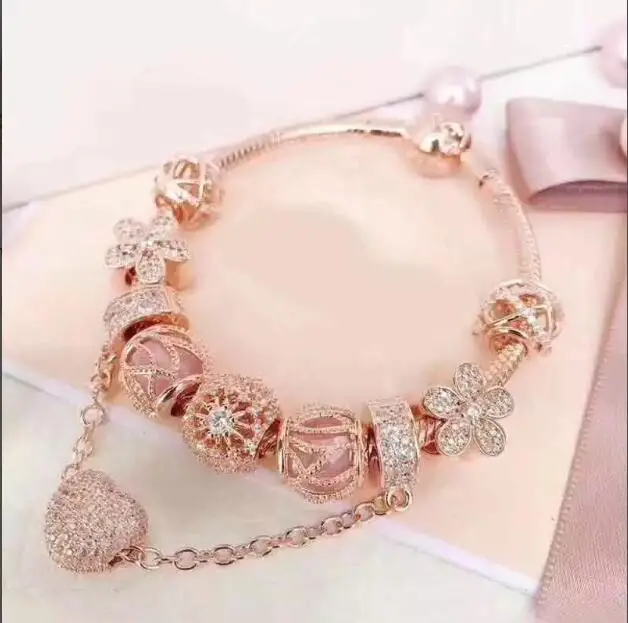 

925 Sterling Silver Rose Gold Snake Chain Basic Ball Clasp Mesh pandoradora Bracelet Fit Women Bead Charm Diy Jewelry