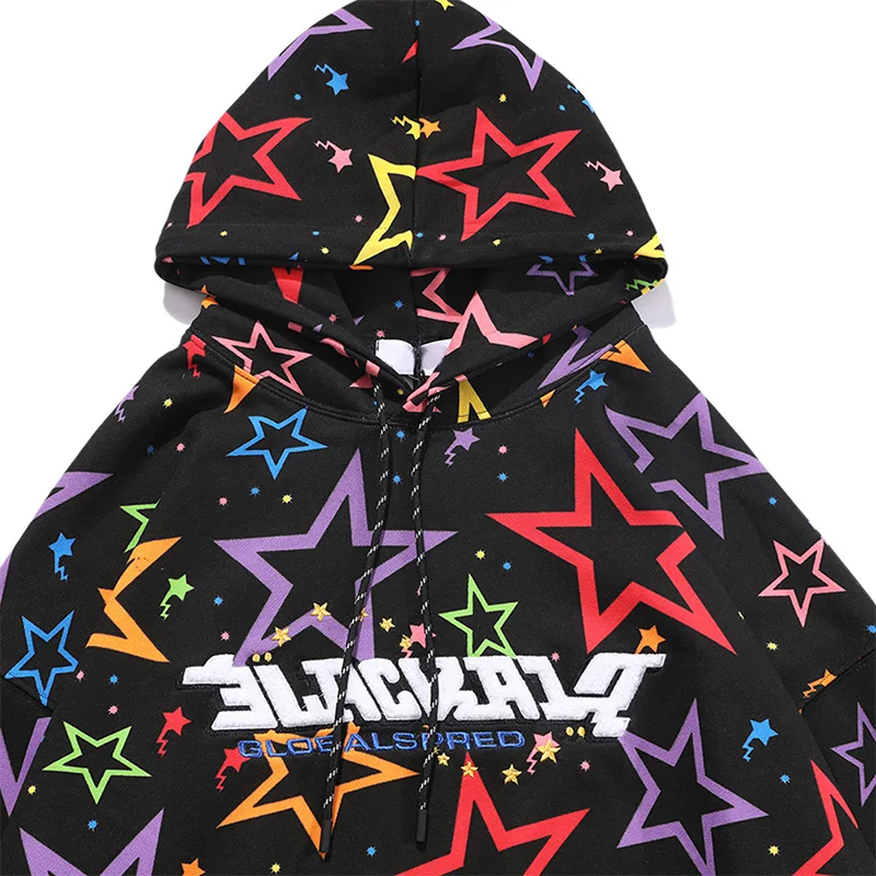 

JING ZHE High Street Hoodies Men Colorful Star Print Letter Patch Sweatshirts Spring Baggy Pullover Harajuku Hip Hop Streetwear