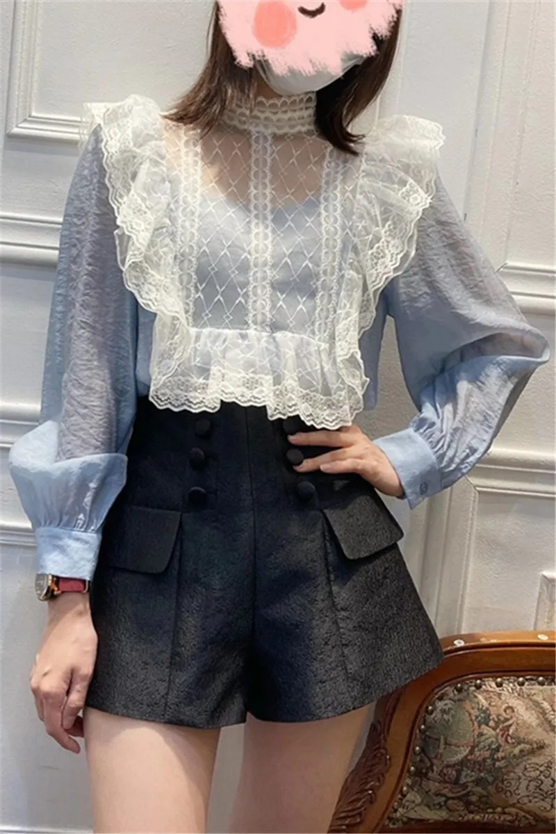 

2021 spring collar lace ruffles hubble-bubble sleeve splicing silk cotton shirt blouse