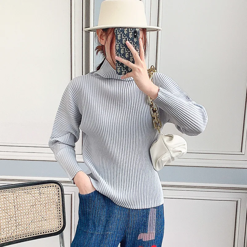 

Pleated Top Women's Long Sleeve High Collar 2021 Spring And Autumn New Loose And Versatile T-shirt Pullover