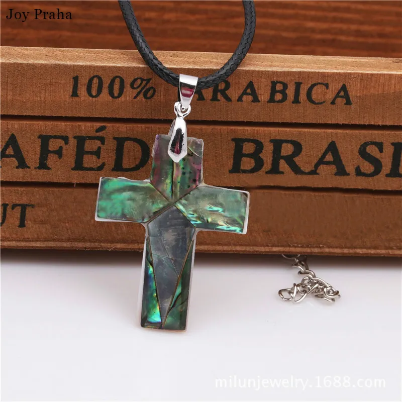

Green alloy cross necklace / Natural abalone shell pendant necklace