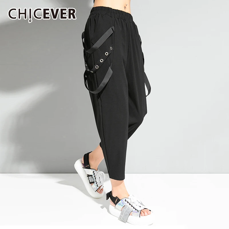 

CHICEVER Straight Trousers For Women High Waist Patchwork Lace Up Plus Size Black Calf Length Pants Female 2021 Spring Clothing