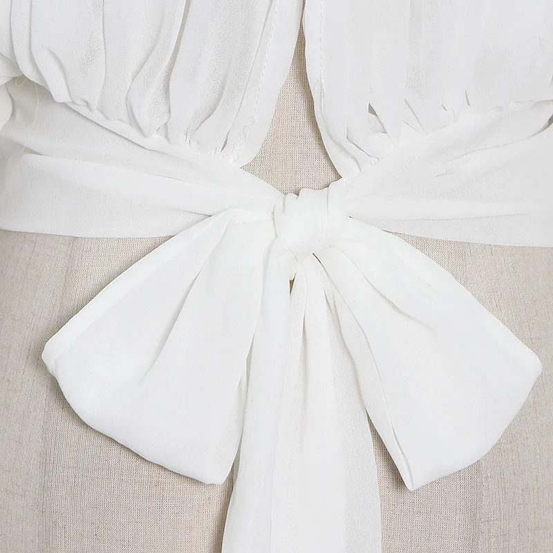 

TWOTWINSTYLE White Lantern Sleeve Tops Womens Shirt Stand Collar Fold Pleated Patchwork Bowknot Solid Blouse Female 2021 Clothes