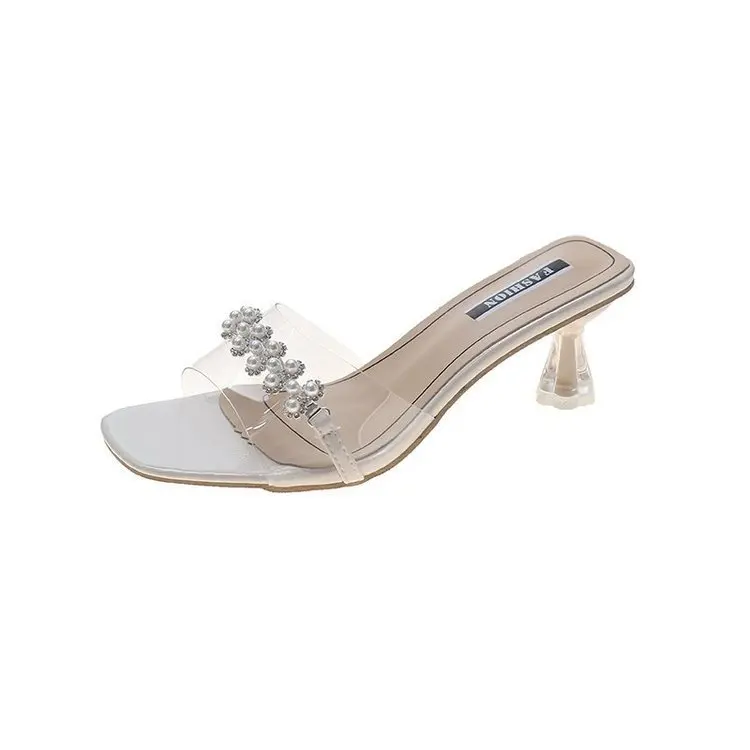 

Shoes Transparent Slippers Women Heels Slides Fashion Low Square Toe Pantofle Summer High Thin Luxury 2021 PU Rome Fabric Basic