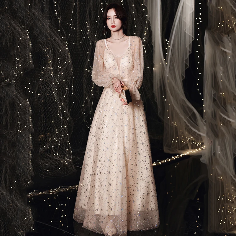 

Женское вечернее платье с блестками, элегантное Плиссированное ТРАПЕЦИЕВИДНОЕ ПЛАТЬЕ до пола на молнии с V-образным вырезом и длинными рука...