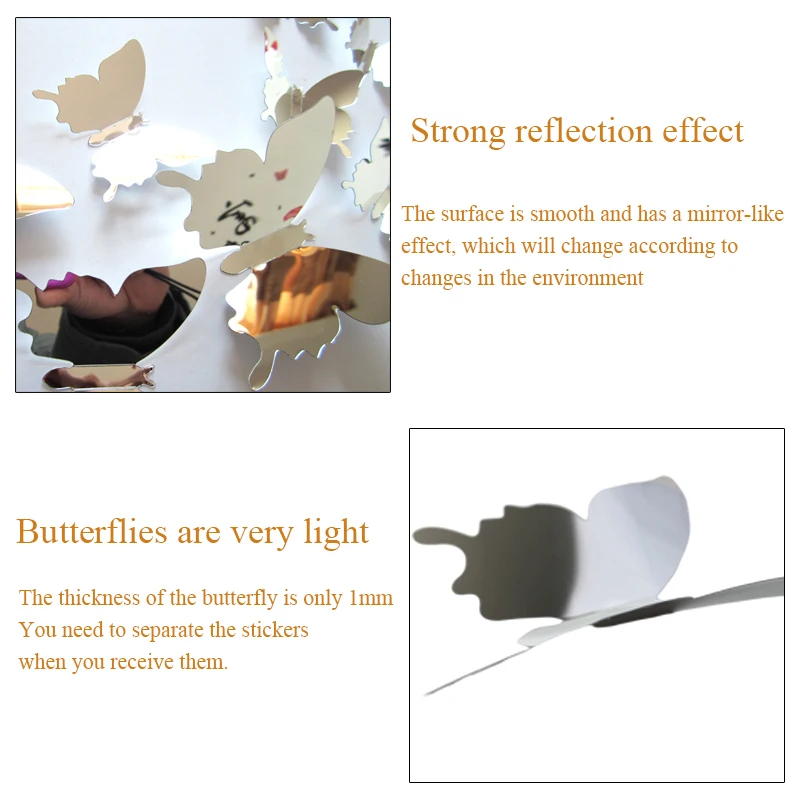 12 шт./компл. Новое поступление зеркальные серебряные 3D наклейки на стену в виде