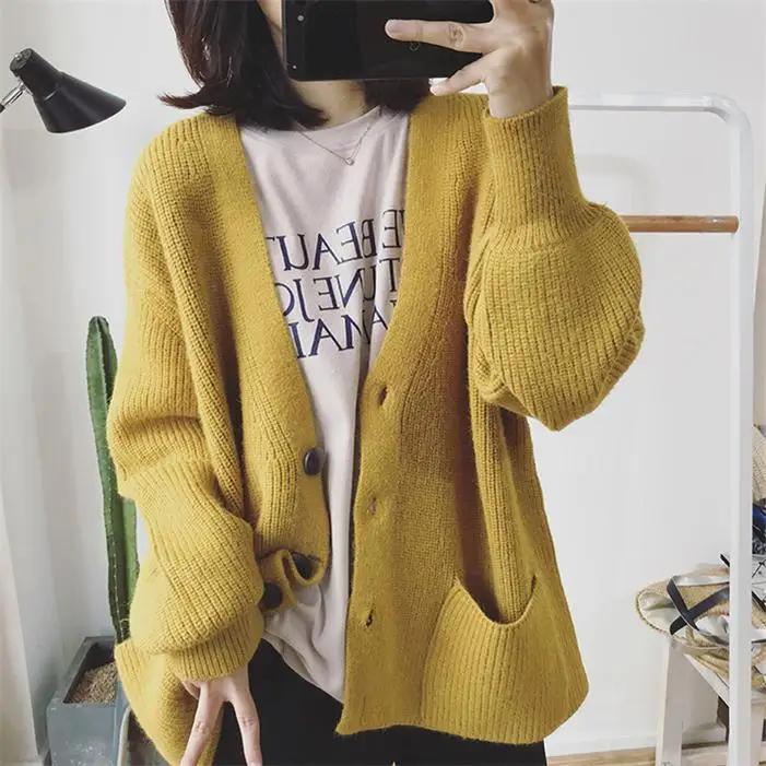 LM8743 Yellow H. SA, женский зимний свитер, кардиганы, фонарь, рукав, v-образный вырез, кнопка, большой карман, вязанная куртка, Свободное пальто, повседневное, sueter feminino - Цвет: LM8743 Yellow