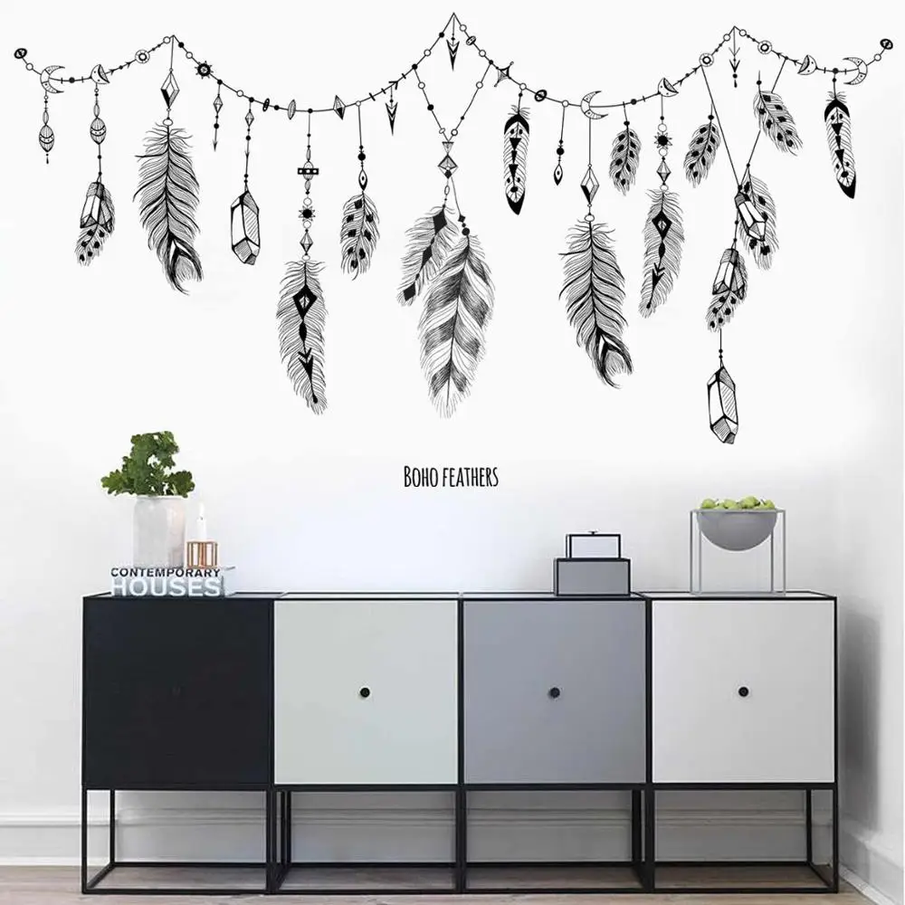 

1PC Simple black boho feathers Wall Sticker Feather Decor For Children Bedroom Living Room Study school Office Home Decoration