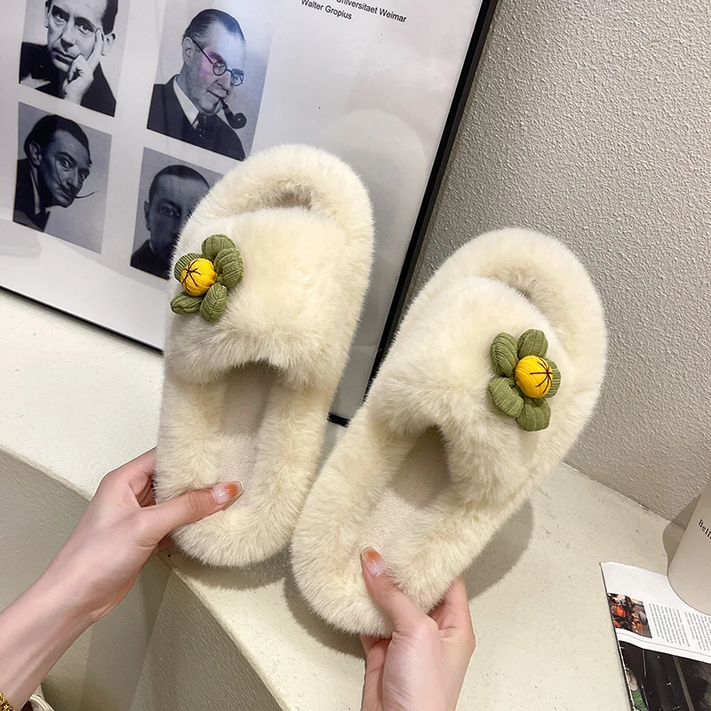 Winter Women Warm Slippers Faux Fur Flat Shoes Home Furry Slippers Lovely Flower Solid Fuzzy Slippers For Female 2021 New