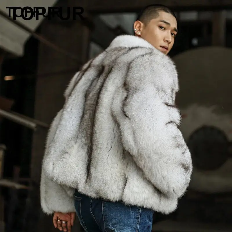 Мужская куртка с натуральным лисьим мехом белая воротником из натуральной кожи