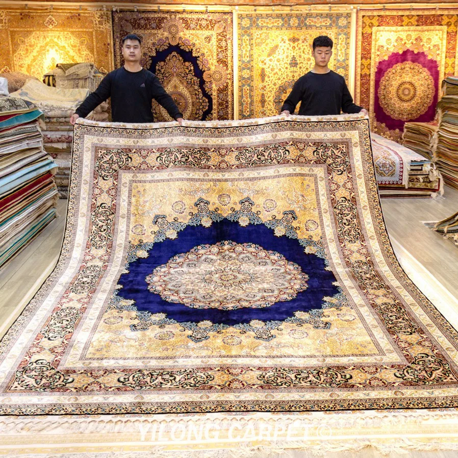 Beste Yilong 9 'X 12.14' Qum Zijde Kleed Grote Blauwe Handgemaakte Perzische Zijden Tapijt Dubbele Knopen (ZQG423)