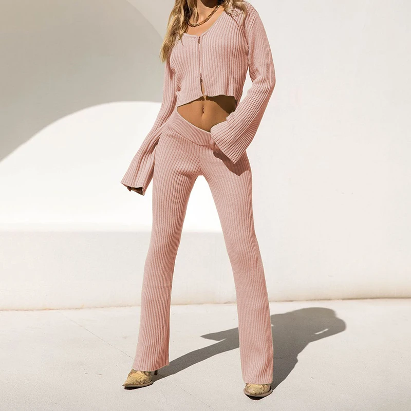 Two Piece Set Women's Cropped Shirt Knitting Pants Long Sleeve Zipper V-Collar Elastic Solid Top Sports Trousers Suit |