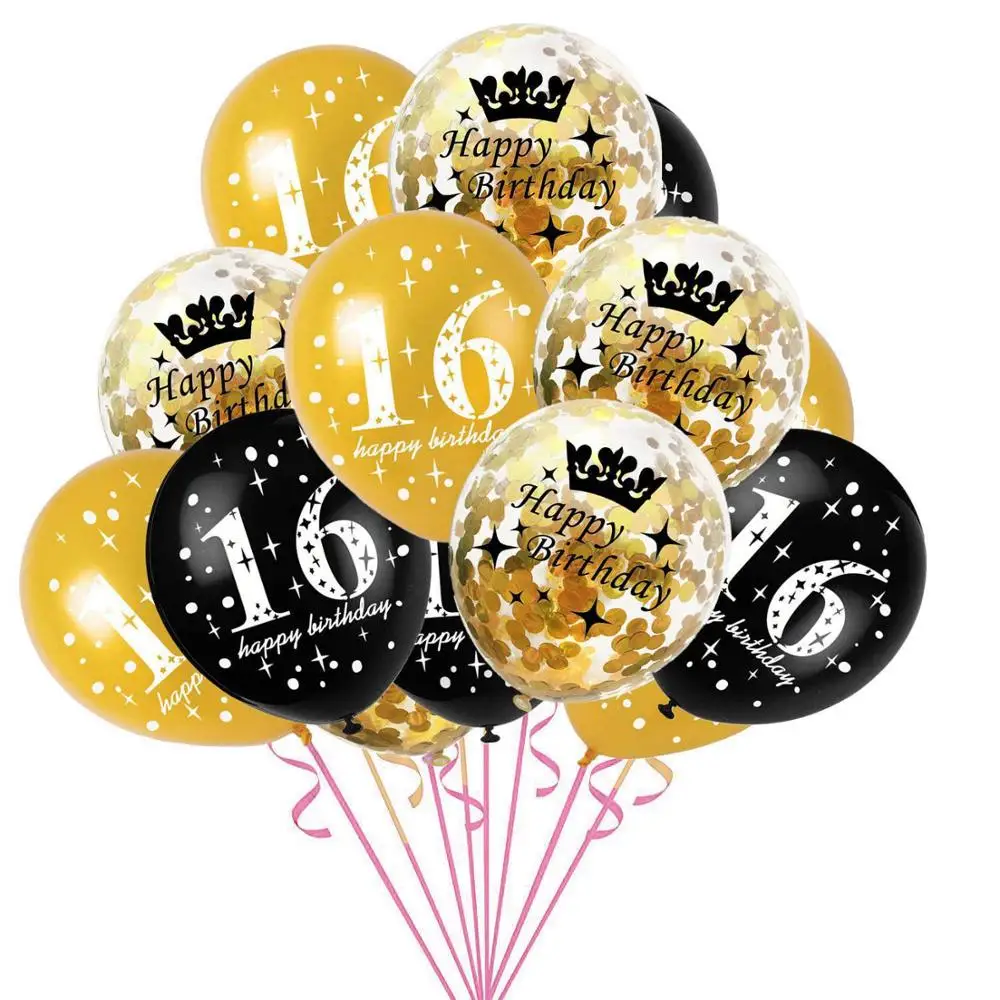 15 шт Смешанные шары с золотыми конфетти номер 16 18 30 40 50 60 70 80 90 лет вечерние на день
