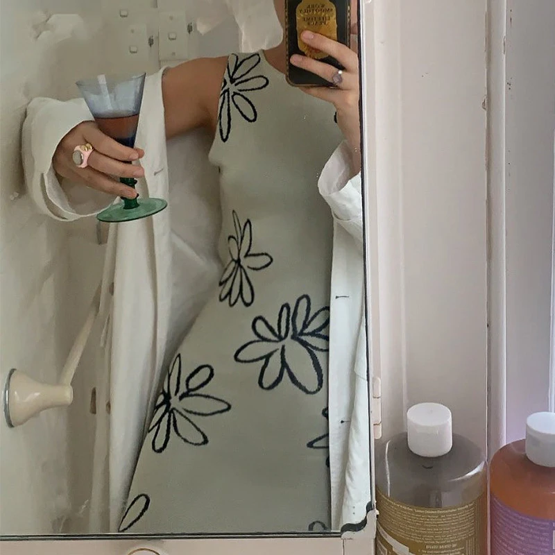 

2021 Fashion Printing O Neck Knitted Bodycon Long Dress Women Summer Split Backless Sleeveless Y2K Beach Sexy Midi Party Dresses