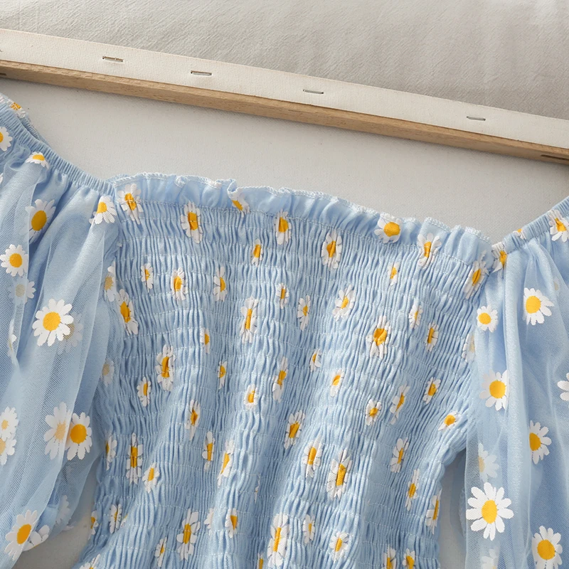 

Floral Puff Sleeve Top Square Neck Mesh Top Crop Tops Ruffle Blouse Women Korean Kawaii Clothes Summer Blouses Vintage Blue