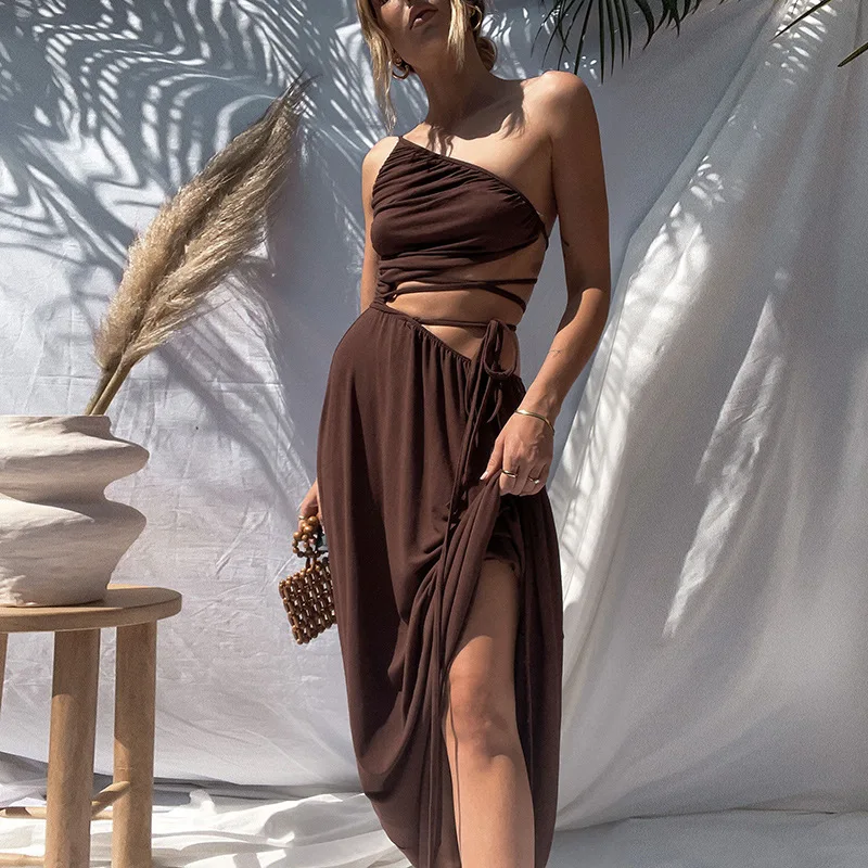 

One Shoulder Brown Elegant Lace Up Maxi Dresses Women Sexy Cut Out Backless Casual Party Beach Long Dress 2021 Summer Vacation