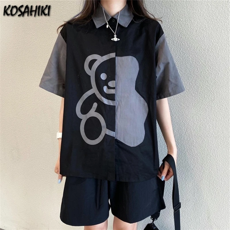 

KOSAHIKI Streetwear Short Sleeve Women's Blouse Shirt Bear Print Contrast Korean Fashion Clothing Casual Female Tops Harajuku