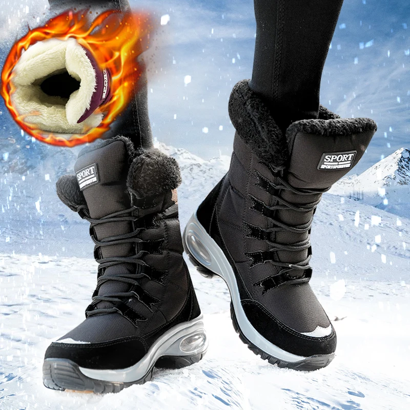 

Women Boots Winter Keep Warm Quality Mid-calf Snow Boots Ladies Lace-up Comfortable Waterproof Booties Thigh High Leather Boots