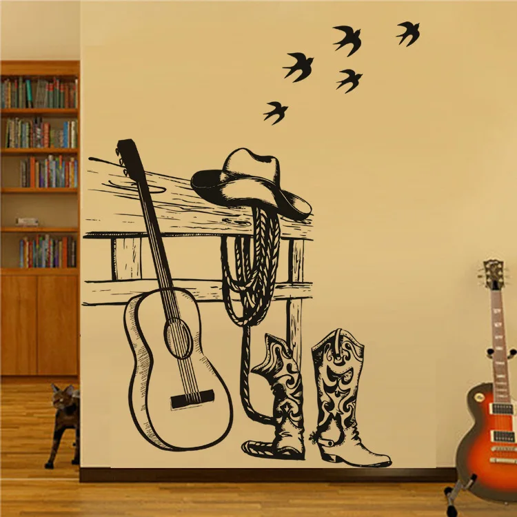 Cartoon Sketch cowboy dress up Guitar Wall Sticker Decoration For Boys Bedroom Home Decal Pattern Removable Pvc Window Poster