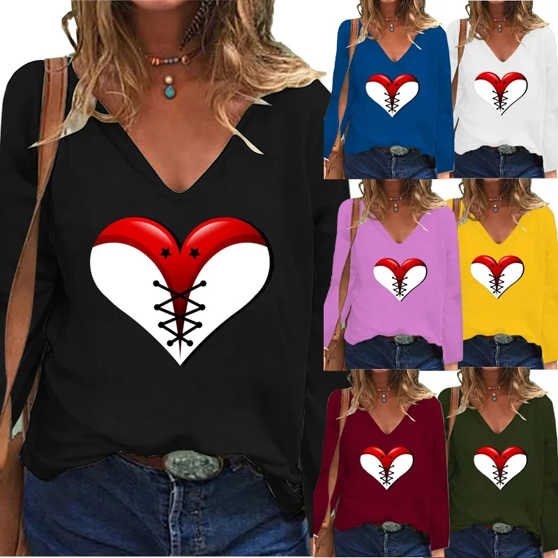 

Women Autumn Fashion Clothing Heart Printed Casual Sweatshirt Long Sleeve Tops T-shirt Ladies V-Neck Pullover Blouse