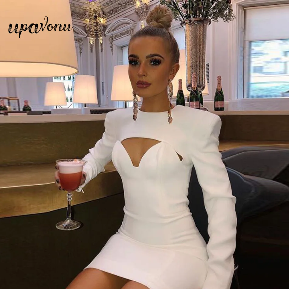 Женское короткое вечернее платье Белое Облегающее Платье с длинным рукавом в