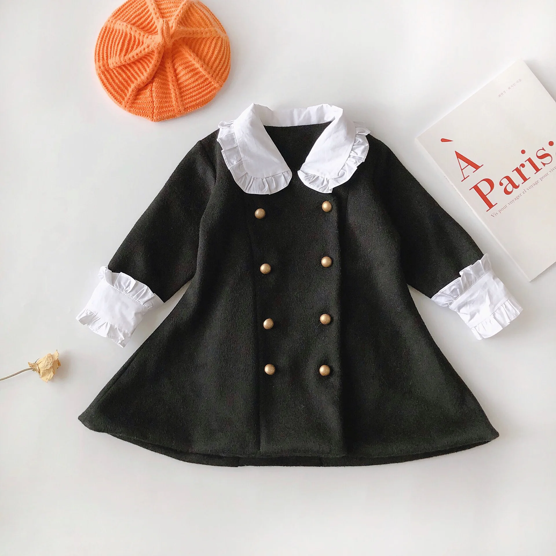 Женское шерстяное пальто длинное с кружевным воротником и манжетами в Корейском