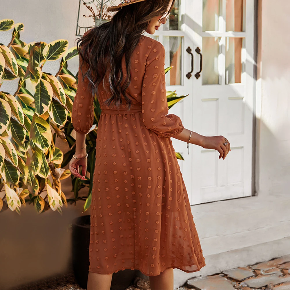 

Midi Pullover Chiffon Dress Women 2021 Lace Up Three Quarter Sleeve O Neck Spring Clothes Ladies Elegant Solid Color Dresses