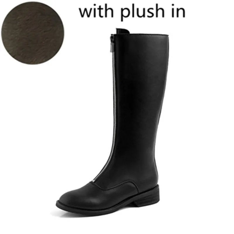 MStacchi/женские сапоги до колена из натуральной кожи с молнией спереди; женские сапоги с круглым носком; Модные женские мотоциклетные сапоги; Botines Mujer - Цвет: black plush in