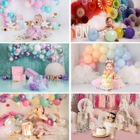 kids cake smash 1st birthday pink balloons backdrop baby party background chid portrait toys decorations girl floral photostudio